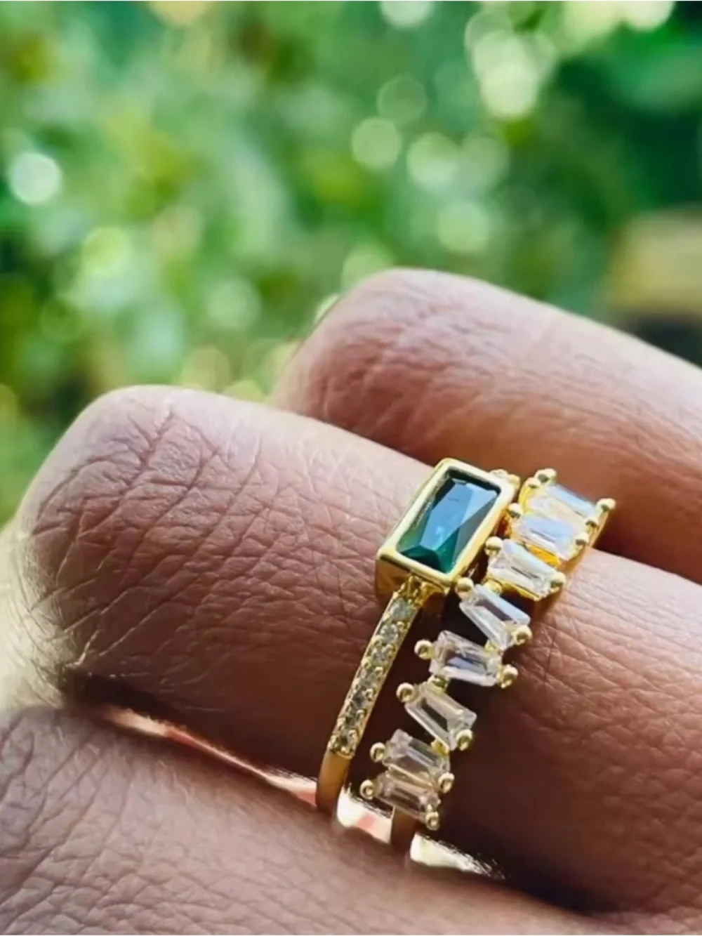 Gold Rings with Emerald Green Centerstone and Clear Crystals